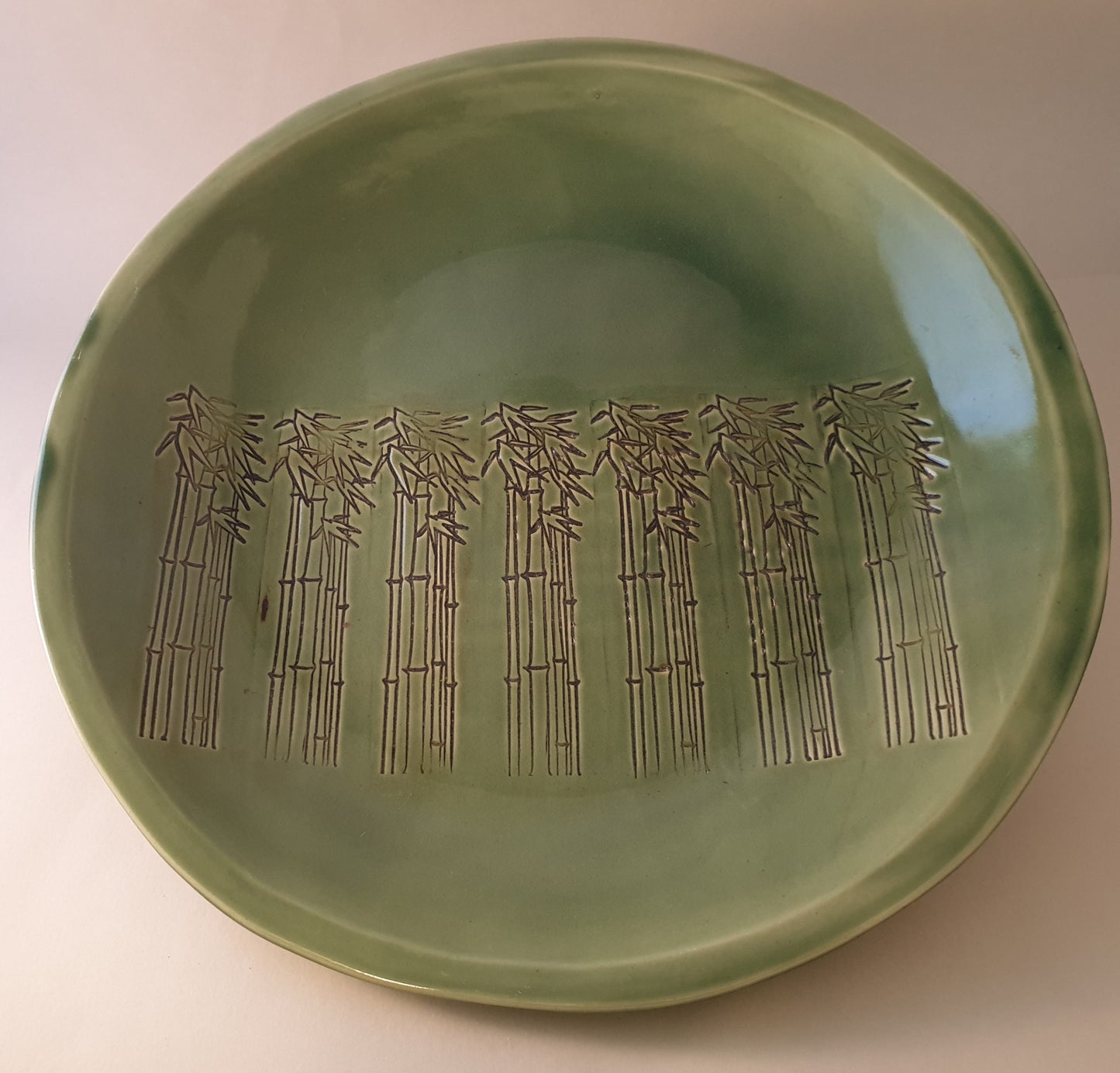 Large green stoneware bamboo platter