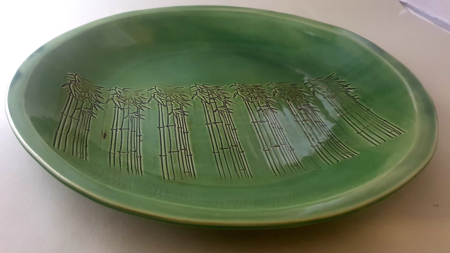 Large green stoneware bamboo platter